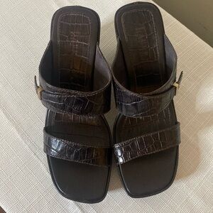 Ralph Lauren Dark Brown Croc-Embossed Leather Wedge Slides